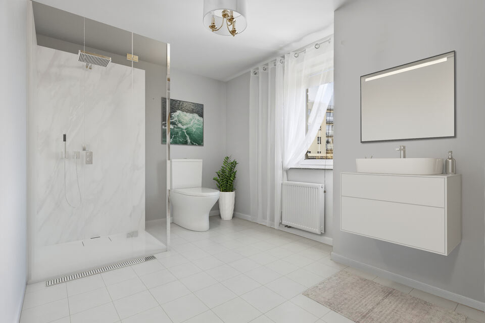 Jasna łazienka przed i po aranżacji Virtual Staging.