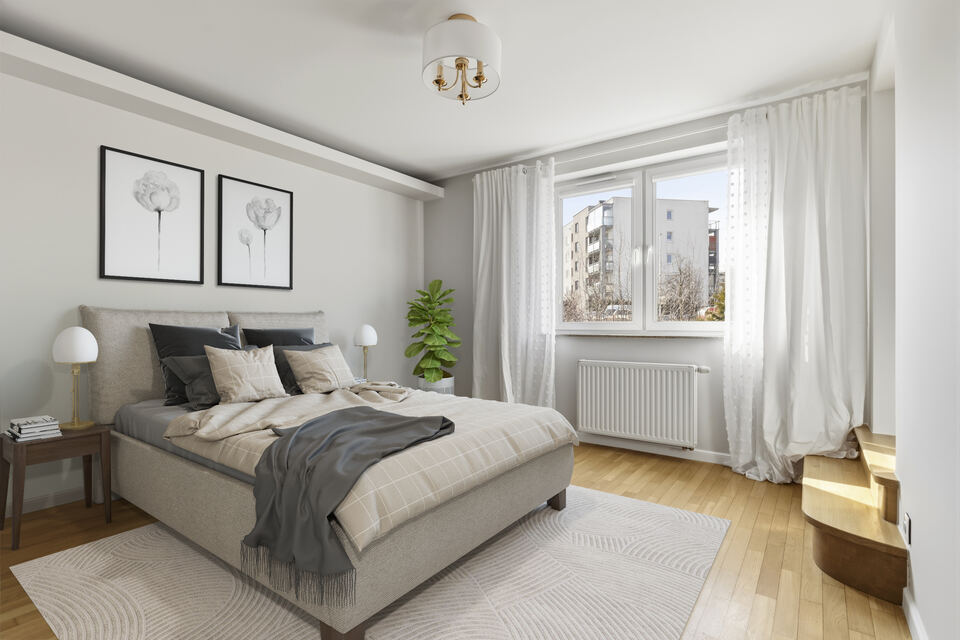 Sypialnia główna przed i po aranżacji Virtual Staging.